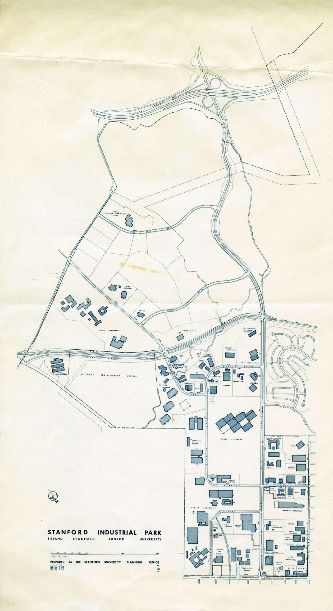 A detailed map of the Stanford Industrial Park highlighting buildings and pathways.