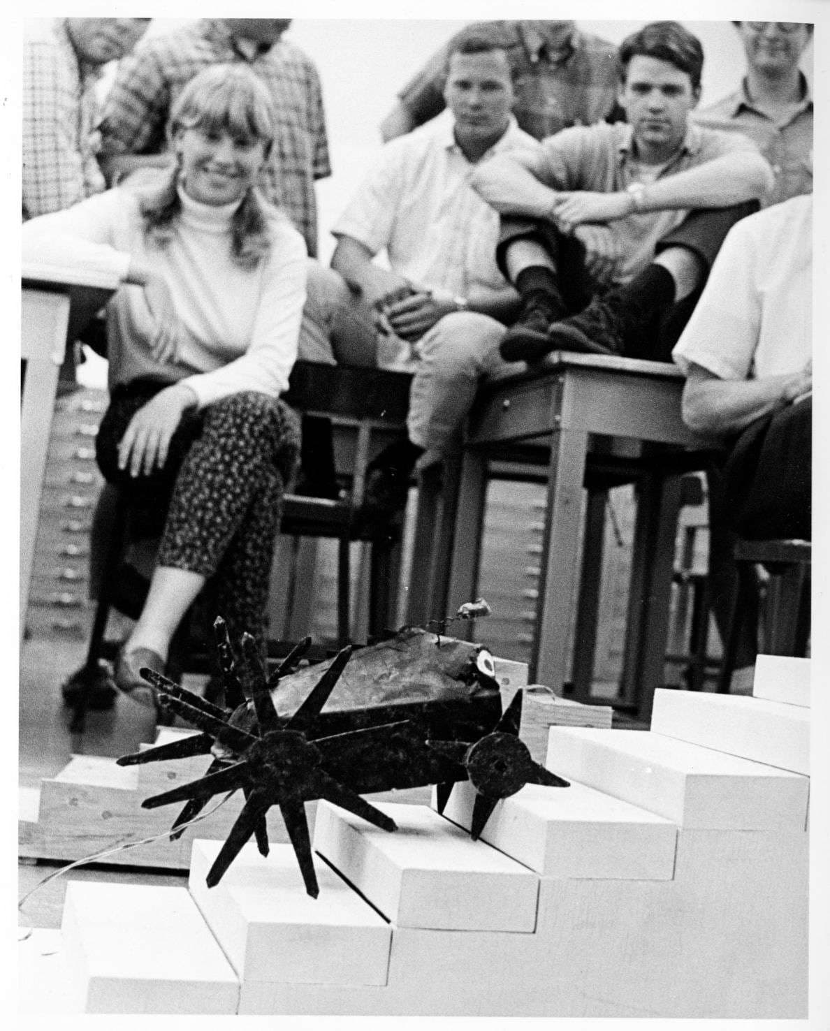 A group of people watching at an object climb up a mini set of stairs made out of blocks.
