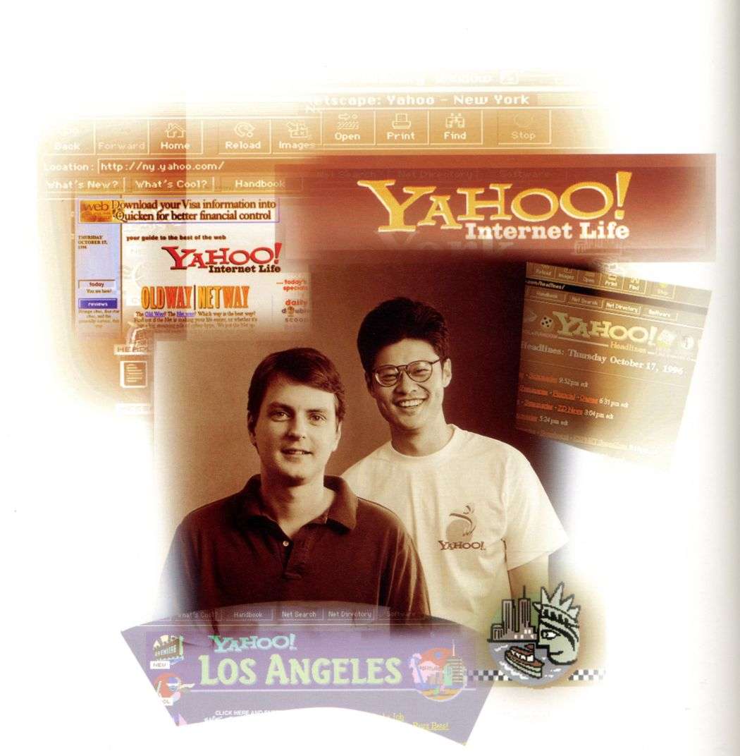 Two men pose together in front of a Yahoo logo and website screenshots.