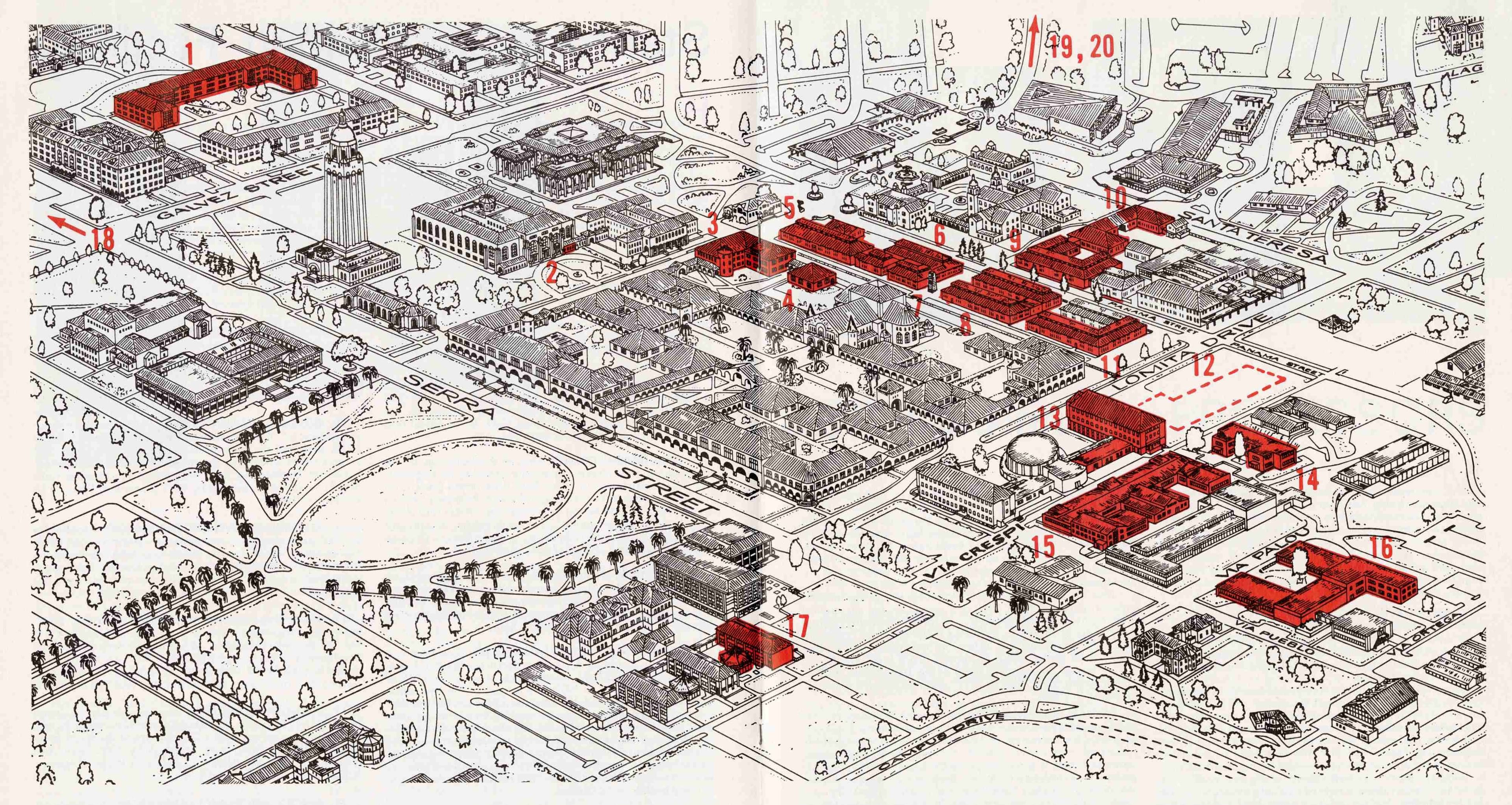 Visual representation of the campus layout, featuring essential buildings highlighted in red.