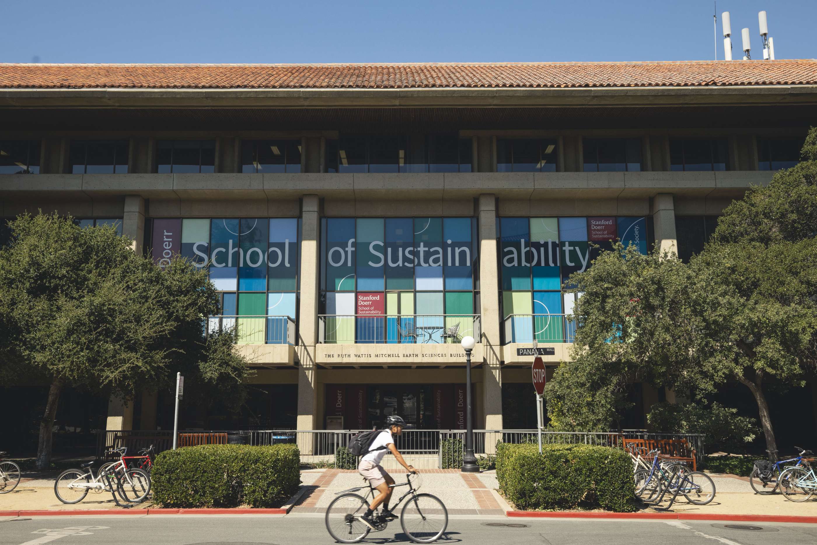 A cyclist passes the Stanford School of Sustainability building.